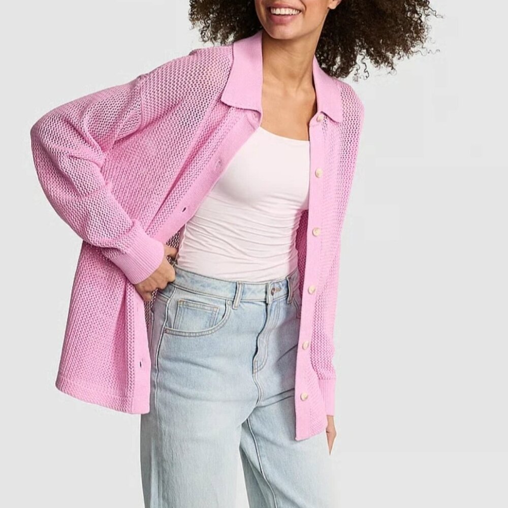 Victoria's Secret PINK Crochet Button-Down Top- Pink Lollipop -Size XS- 27022346
